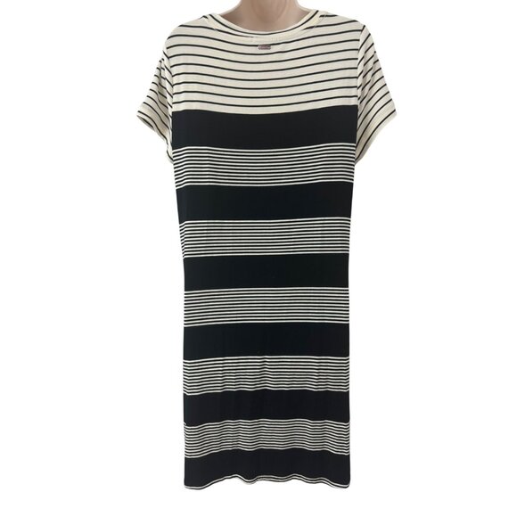 Size Large CALVIN KLEIN BLACK & IVORY SOFT STRIPED T-SHIRT DRESS Summer Vacation - Picture 6 of 9